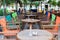 Colorful Table and chairs in beach bar restaurant, near sea