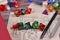 Colorful tabletop role playing RPG game dices on hand drawn dungeon map