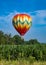 Colorful Teardrop Shaped Hot Air Balloon Over Corn Field on Sunny Day with Trees and Cloudy Blue Sky