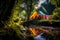 a colorful tent on a lush green campsite near a river