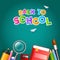 Colorful text Back To School with paper plane and education supplies element such as book, magnifying glass, colored pencil on