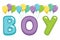 Colorful text boy with balloons. Inscription from color letters for Baby shower, card.