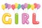 Colorful text girl with balloons. Inscription from color letters for Baby shower, card.