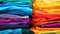 Colorful textile rolls arranged in rainbow order. Vibrant fabric display for design