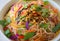 Colorful Thai rice noodles in dish ready to serve