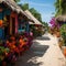 Colorful thatched houses on a road with exotic atmosphere