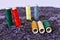 Colorful thread spools used in fabric and textile industry. Multicolor sewing threads. Blurry, selective focus