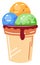 Colorful three scoops of ice cream in a cone with toppings. Delicious summer dessert with blue, green, and orange