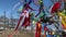 Colorful Tibetan Buddhist ribbons tied to a tree flutter in the wind. Olkhon Island.