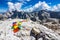 Colorful Tibetan praying flags on the top of the mountain