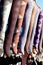 Colorful tights in a row hanging in market