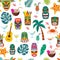 Colorful tiki mask and Hawaii vacation symbol seamless pattern