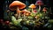 The colorful toadstool grows in the uncultivated forest meadow generated by AI