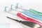 Colorful toothbrushes and dental tool