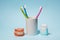 Colorful toothbrushes, dentures and dental floss.