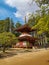 The colorful Toto Pagoda or Eastern Pagoda in the Unesco listed Danjon Garan Shingon buddhism temple complex in Koyasan, Wakayama