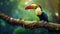 Colorful Toucan On Wood Branch: Bold Saturation And Mystic Symbolism