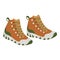 Colorful tourist boots in flat style. Brown camp and hike shoes. Vector isolated illustration on a white background