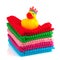 Colorful towels with bath duck