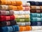 Colorful towels stacked on a white background.