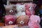 Colorful toy bears in plastic bags in the market