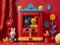 Colorful Toy Puppet Show Stage with Bunny Plushies and Playful Animal Figures Against a Bright Red Background for Kids\\\'