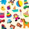 Colorful toys in cartoon style for kids seamless pattern vector illustration. Childish design with doll, duck, elephant
