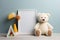 Colorful toys and a teddy bear accentuate a white wooden frames blank mockup