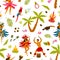 Colorful traditional Brazilian attributes seamless pattern. Man and woman in national carnival costumes dancing samba