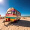A colorful trailer is parked on the beach. Generative AI image.