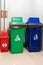 Colorful trash dustbin, Red, green, blue and yellow bin for Hazardous, Biodegradable, General and Recyclable waste. recycling