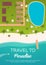 Colorful Travel to Paradise. Tropical beach. Cruise liner. Best cruise. Vector flat banner for your business.