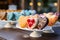 Colorful treats Heart shaped glazed cookies with floral designs on a wooden stand at a restaurant