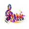 Colorful treble clef, 3d music notes with piano keyboard and butterfly.