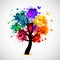 Colorful tree background with paint splat and butterflies