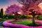 colorful tree full of different pink flowers in enchanted garden at sunset fantasy generated by ai