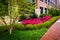 Colorful trees and bushes along a sidewalk in downtown Richmond, Virginia.