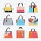 Colorful and trendy women handbags and purse set on white background