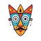 Colorful tribal mask illustration, featuring geometric shapes, vivid colors. Traditional