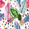 Colorful tropic summer background: watercolor leaves, abstract brushstrokes in retro 90s style