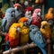 Colorful tropical birds gather at fruit and nut feeder