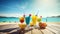 Colorful tropical cocktails on the beach with sea and blue sky background amd fruits on the table