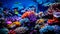 Colorful tropical coral reef with fish. Vivid multicolored corals in the sea aquarium. Beautiful Underwater world. Vibrant colors