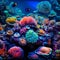 Colorful tropical coral reef with fish. Vivid multicolored corals in the sea aquarium. Beautiful Underwater world. Vibrant colors