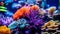 Colorful tropical coral reef with fish. Vivid multicolored corals in the sea aquarium. Beautiful Underwater world. Vibrant colors