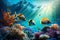 Colorful tropical fish coral scene background, Life in the coral reef underwater, sunlight, clear water ocean