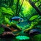 Colorful tropical fish swimming in the pond in the forest. Beautiful nature scene. Generative AI