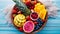 Colorful Tropical Fruit Bowl on White Sandy Beach