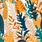 Colorful tropical leafs seamless pattern. Tropical texture, raster version. Good for fabric, wallpaper, surface desig