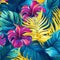 Colorful Tropical Leaves And Flowers Seamless Background Design